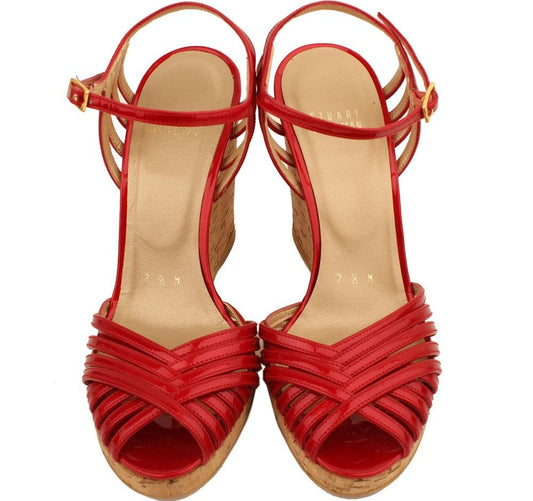Stuart Weitzman Red Patent Strap Wedge Sandals 7.5 26810743