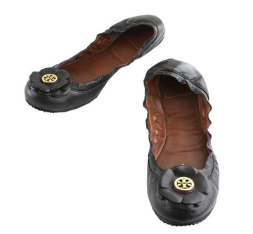 TORY BURCH ブラックゴールドロゴバンディングフラットシューズ 8M 26810991