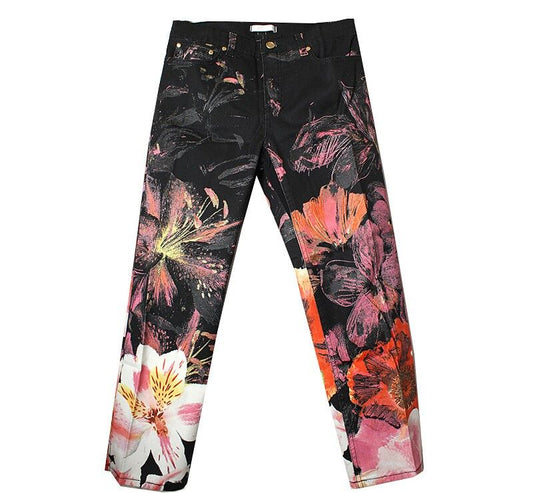ROBERTO CAVALLI Schwarze Blumen Glitzer Denim Hose 55 44008216
