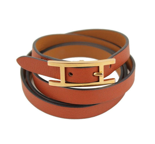 Hermes Red Brown H Gold-Plated Harpy 4-Row Strap Bracelet SX 26811447