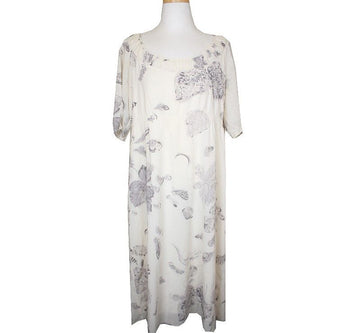 Theory Cream and Grey Pattern Shirred Silk Dress L 26809694