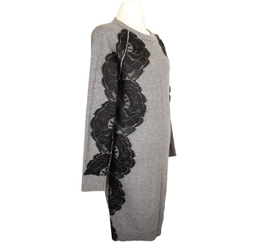 LANVIN XS メランジェグレー ブラックレーストリム ウール混紡ニットワンピース XS 26809604