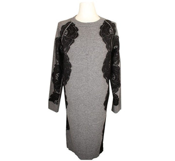 Lanvin XS Melange Grey Black Lace Trim Wool Blend Knit Dress XS 26809604