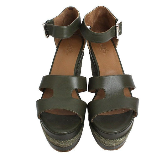 Hermes Dark Khaki Espadrille Sandals 37 30718437