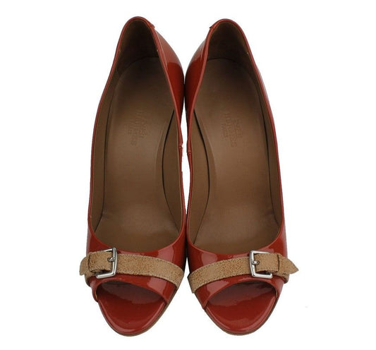 HERMES Rotbraune Lackleder Open-Toe-Pumps 38 26810816