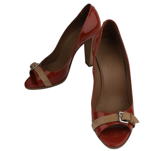 HERMES Rotbraune Lackleder Open-Toe-Pumps 38 26810816