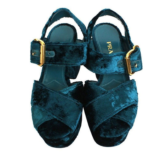 Prada Teal Blue Velvet Platform Sandals 36 12 30718438