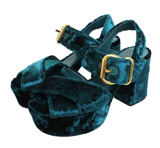 Prada Teal Blue Velvet Platform Sandals 36 12 30718438