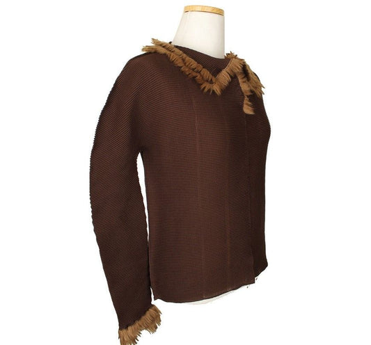 ISSEY MIYAKE ME Chocolate Brown Waffle Pleated Eco Fur Trim Top 55 26807158