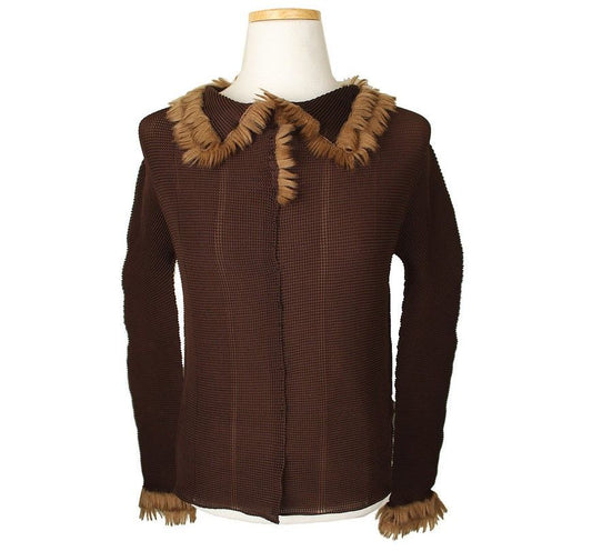 ISSEY MIYAKE ME Chocolate Brown Waffle Pleated Eco Fur Trim Top 55 26807158