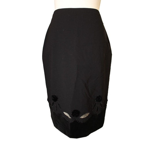 ANNA MOLINARI Black Velvet Trim Lace Wool Blend Skirt 40 26809281