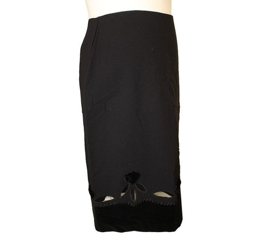 ANNA MOLINARI Black Velvet Trim Lace Wool Blend Skirt 40 26809281