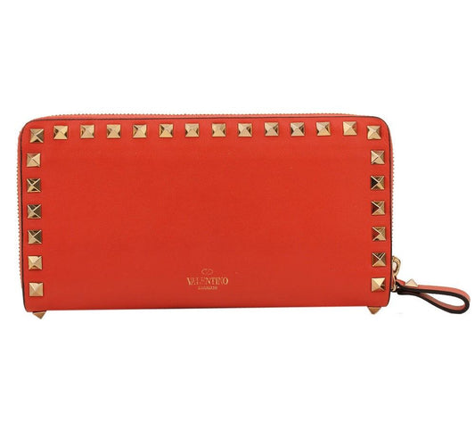 Valentino Orange Gold-tone Rockstud Zippy Long Wallet 26811340