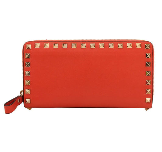 Valentino Orange Gold-tone Rockstud Zippy Long Wallet 26811340