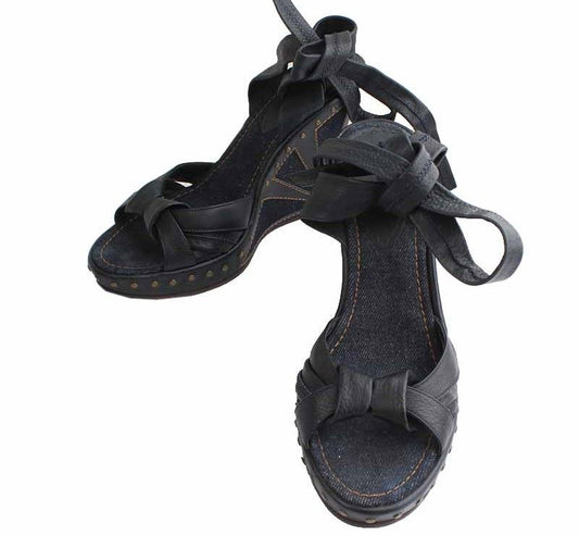 Fendi Indigo Denim Leather Strap Wedge Sandals 38 26810639