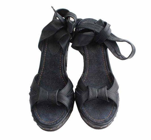 Fendi Indigo Denim Leather Strap Wedge Sandals 38 26810639
