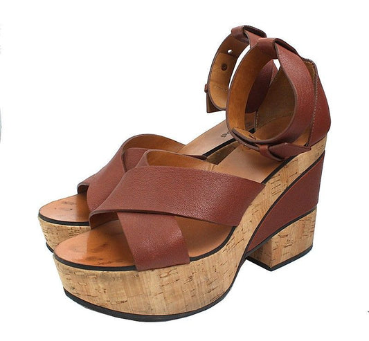 Chloe Brown Cork Wedge Sandals 37 31284007
