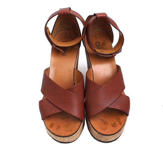 Chloe Brown Cork Wedge Sandals 37 31284007