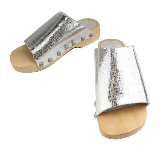 Opening Ceremony Metallic Silver Body Wood Sole Slipper 37 26811082