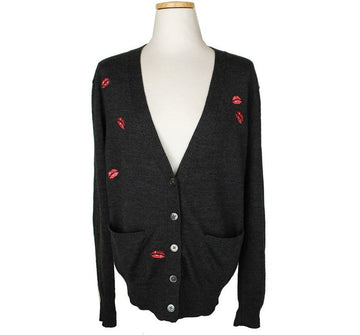 MARKUS LUPFER Charcoal Lippenstickerei Applikation Wolljacke M 26809873