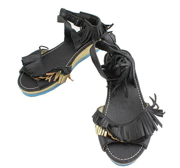 ISSEY MIYAKE Plisse Plisse Black & Gold Tassel Ankle Strap Wedge Sandals 240 26810911