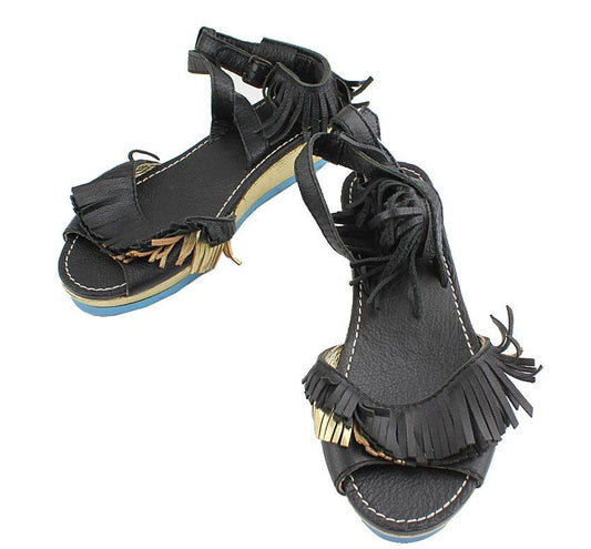 ISSEY MIYAKE Pleats Please Black & Gold Tassel Ankle Strap Wedge Sandal 240 26810911