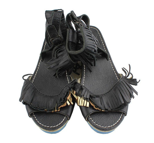 ISSEY MIYAKE Pleats Please Black & Gold Tassel Ankle Strap Wedge Sandal 240 26810911