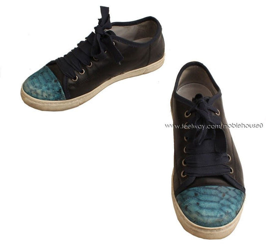 Lanvin Black & Emerald Blue Python Leather Sneakers 37 26807687