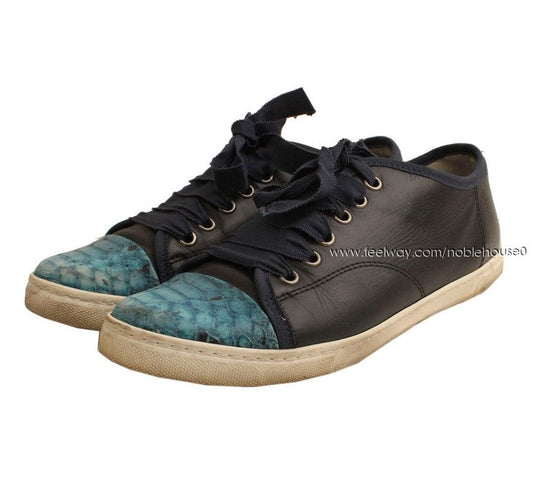 Lanvin Black & Emerald Blue Python Leather Sneakers 37 26807687