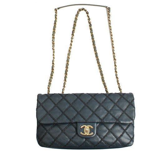 CHANEL ネイビーブルー ワイルドステッチ カーキチェーン ショルダー兼クロスバッグ 19番代 26966732