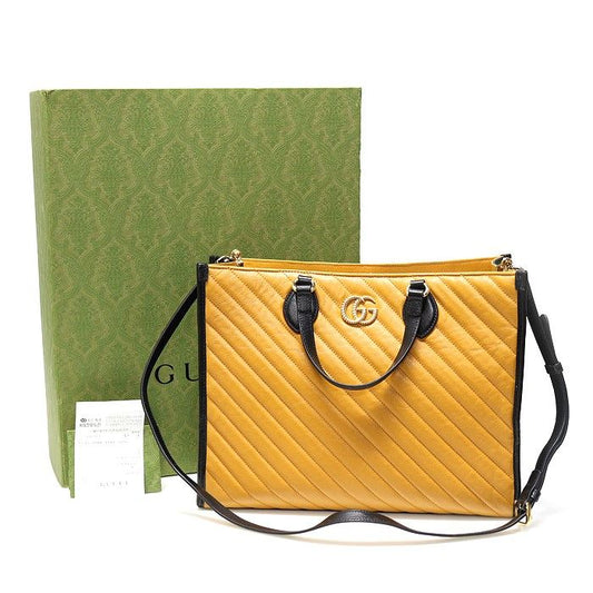 Gucci Limited Yellow Black Two-Tone Matelassé Chevron Gold GG Marmont Medium Tote 2WAY 44668012