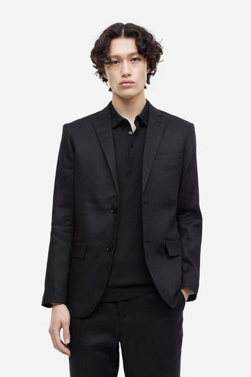 H&M リファービッシュ商品 男性スリムフィットリネンジャケット ブラック 0783354004 52154378