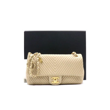 CHANEL Beige Calfskin Chevron Flap CC Gold Chain Shoulder Bag A92087 152894063
