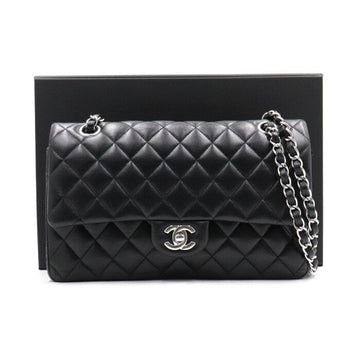 CHANEL Schwarze Lammleder klassische mittlere Schultertasche mit silberner Kette A01112 152893265