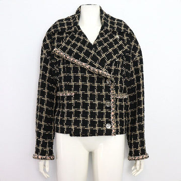 CHANEL Doppeljacke mit pinken Kettenverzierungen aus schwarzem Tweed 21 Saison P70537 152898648