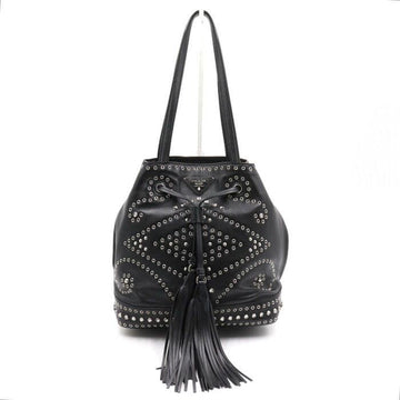 PRADA ブラック レザー クリスタル パフォーマンス ディテール ドローストリング バケット ショルダーバッグ aa48618 152892567