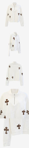 Chrome Hearts Leopard Cross Leather Patch Half-Zip Sweatshirt S White 4EWZDAWD 162874338 [P]