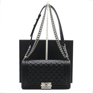 CHANEL ボーイ ブラック ラムスキン ミディアム フラップ シルバー チェーン ショルダーバッグ A67086 152889376
