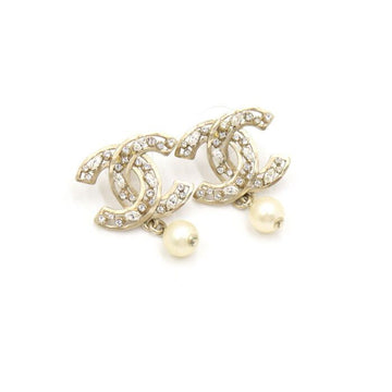 CHANEL Gold Crystal CC Logo Drop Pearl Earrings 20 Season AA50431 152896506