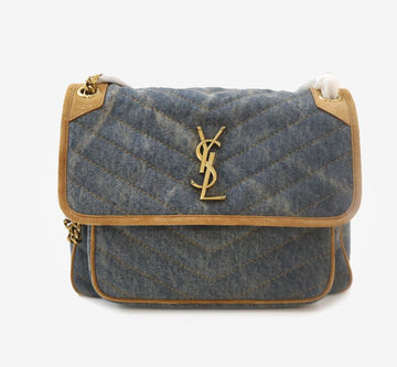 SAINT LAURENT ニキ ミディウム デニム スエード トリミング チェーン ショルダーバッグ 7537802415 129878720