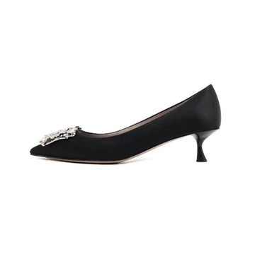 ROGER VIVIER RVブラックサテンRVブーケフラワーストラスバックルレディースローヒールパンプス aa52544 152897643