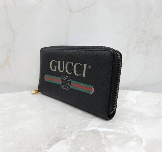 Gucci Black Stripe Logo Printed Leather Zipper Long Wallet 121721351
