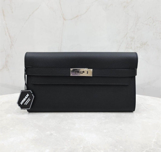Hermes Kelly Classic Long Wallet Epsom Palladium Noir with stamp 116432098