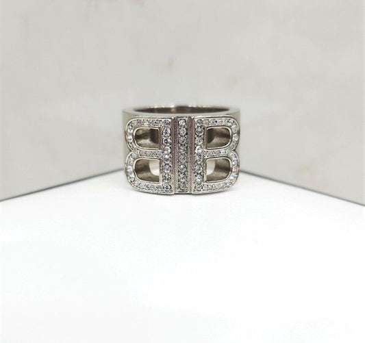 Balenciaga BB Rhinestone Cubic Silver Ring 54 117043191
