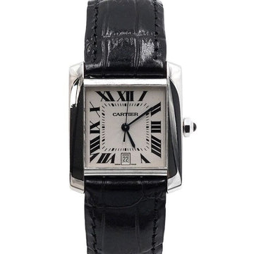 CARTIER 18Kホワイトゴールドタンクフランセーズラージレザーバンド男性用時計 W5001156 152314530