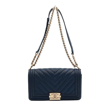 CHANEL Boy Chevron Blue Caviar Medium Flap Gold Chain Shoulder Bag A67086 152315660