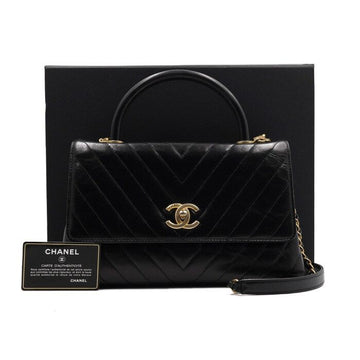 CHANEL Schwarze Glänzende Kalbsleder Chevron Coco Handle 28 Medium Tote Bag mit Goldkette Schultertasche Crossbody 152316029