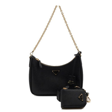 PRADA Schwarze Saffiano Re-Edition Multi Hobo Schultertasche mit Goldene Kette 1BH204 25 Saison 152316037