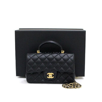 CHANEL Black Lambskin New Mini Flap Top Handle Tote Bag with Gold Chain Shoulder Crossbody aa56352 152316111