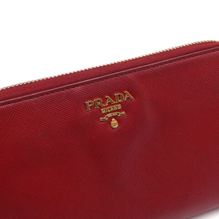 Prada Red Gold Metal Saffiano Zip Women's Long Wallet 1M0506